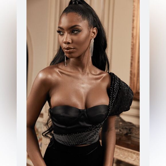 NWT House of CB Zenaida Black Crop Top Bustier Crystal One Shoulder Size S - Picture 4 of 12